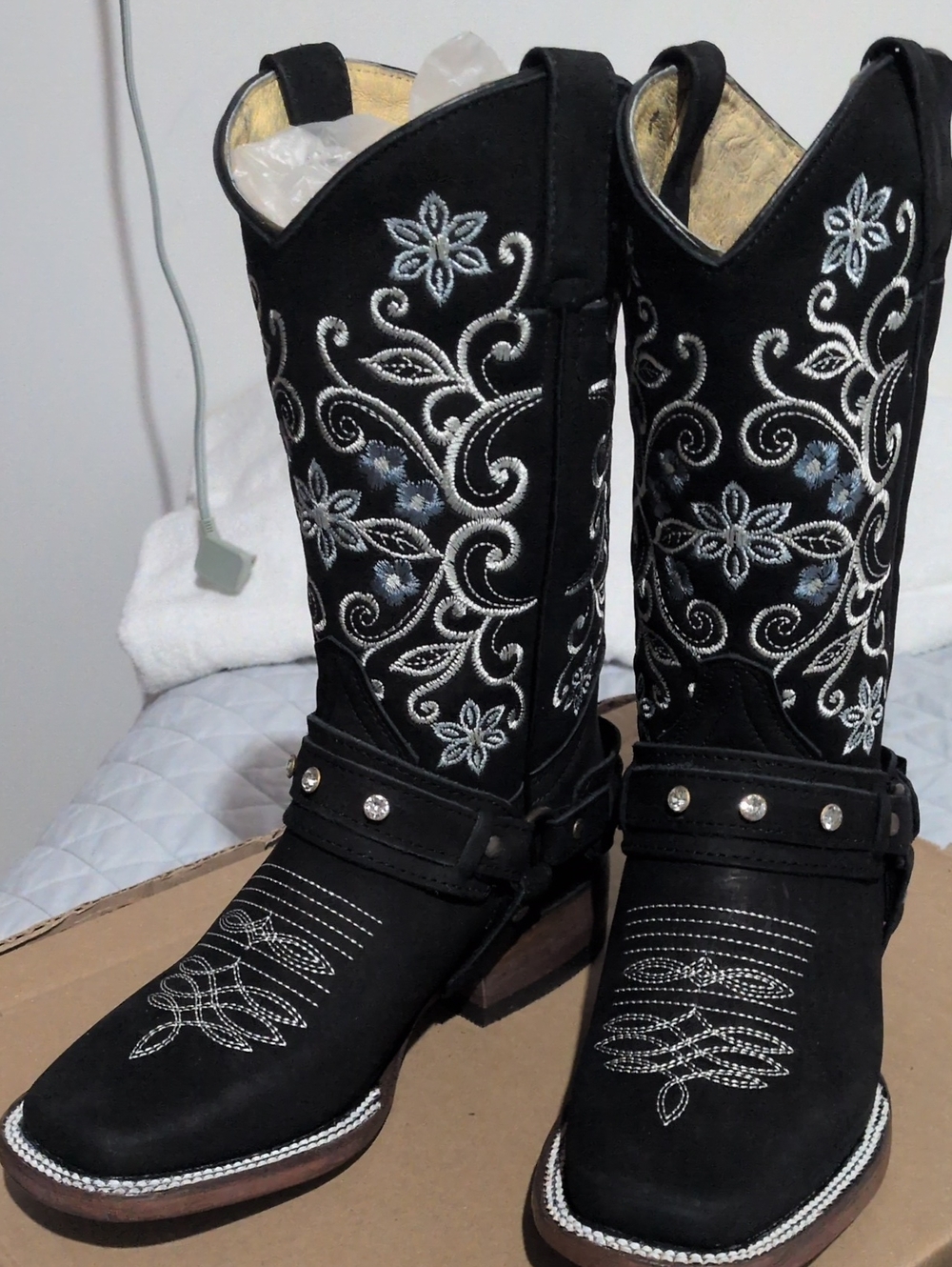 Black Embroidered Western Cowgirl Boots with Harness